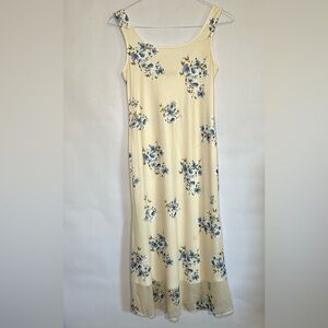 Merokeety Feminine Yellow & Blue Floral Mesh Midi Dress Size Small NWT